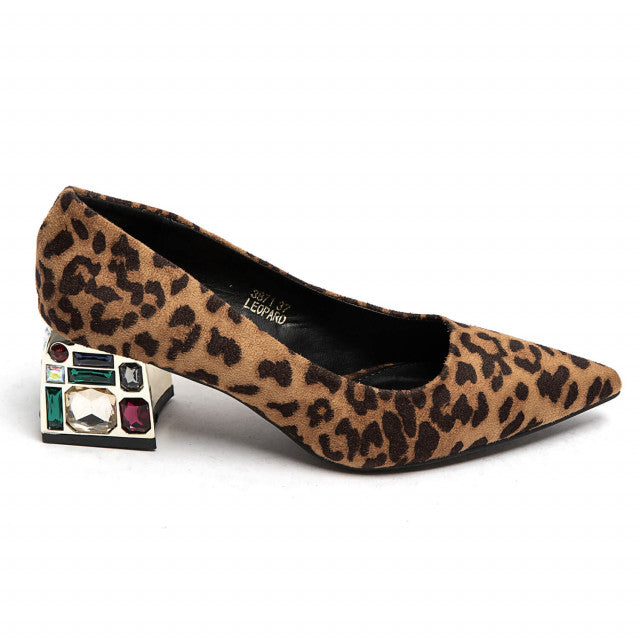 Jewel heel court shoes in Faux Suede leopard print DBiggins