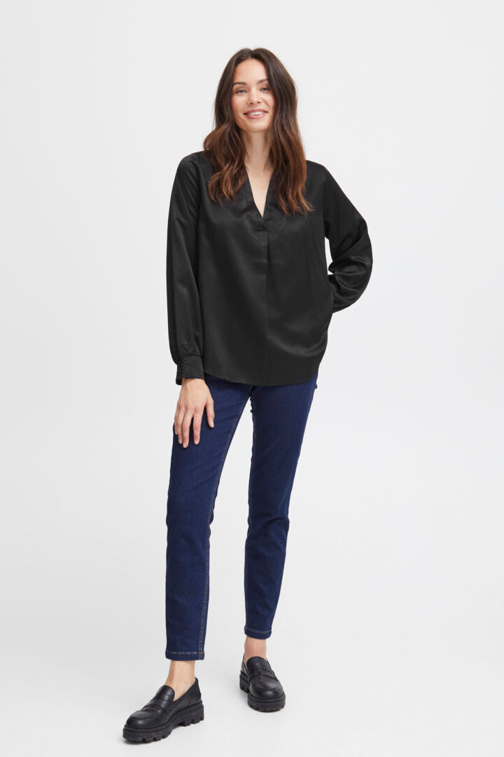 Fransa v neck black satin blouse 20612820