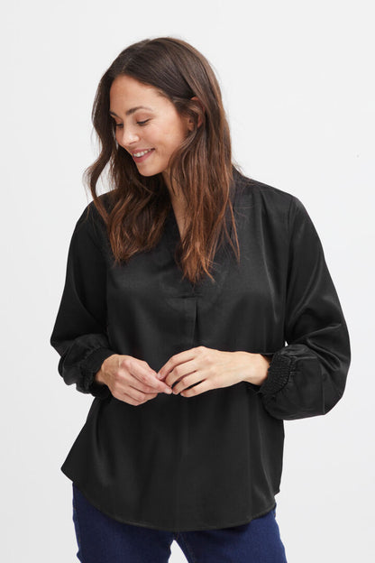 Fransa v neck black satin blouse 20612820