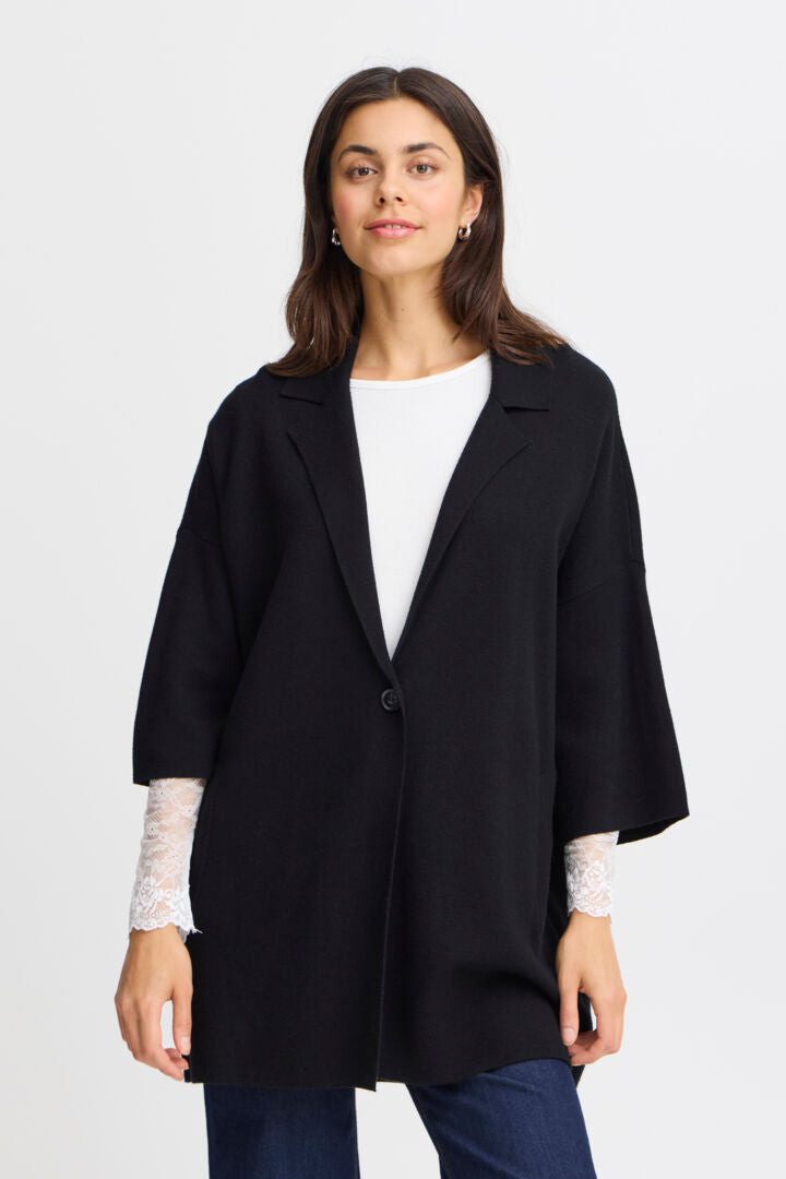 Fransa long Black Cardigan with revere collar and pockets