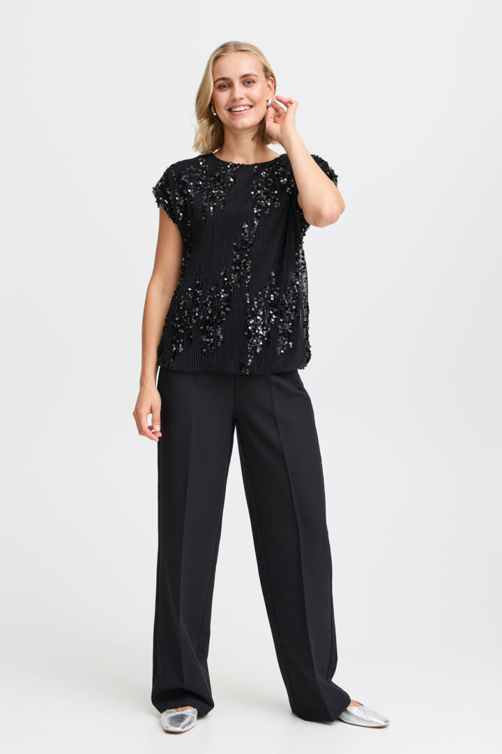 Fransa Black cap sleeve top with sequin detail