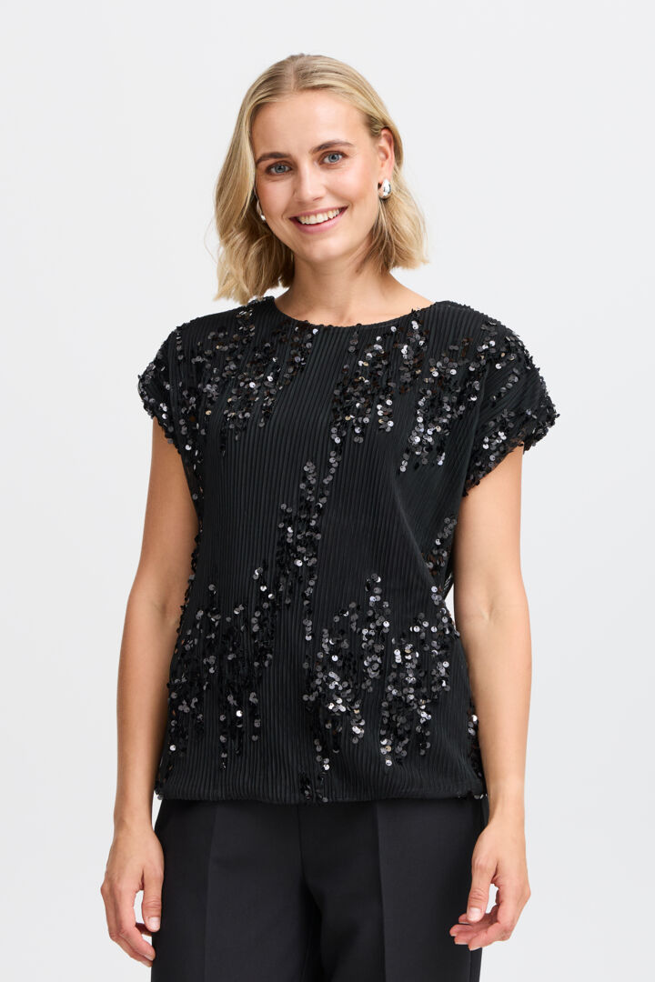 Fransa Black cap sleeve top with sequin detail