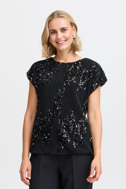 Fransa Black cap sleeve top with sequin detail