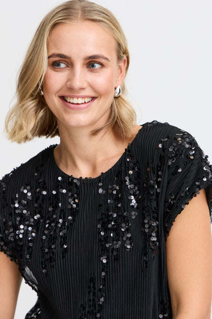 Fransa Black cap sleeve top with sequin detail