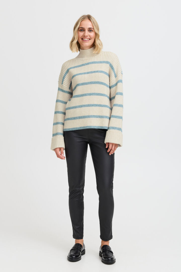 Fransa Cream stripe jumper with high neck 20612973