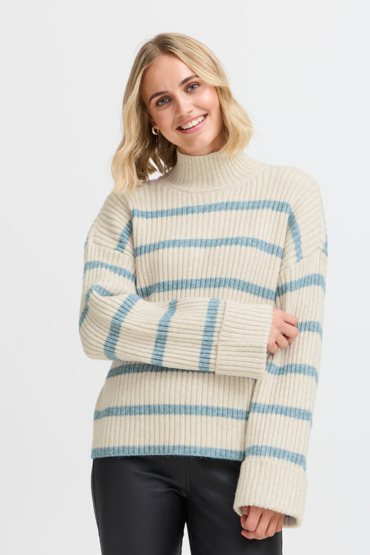 Fransa Cream stripe jumper with high neck 20612973