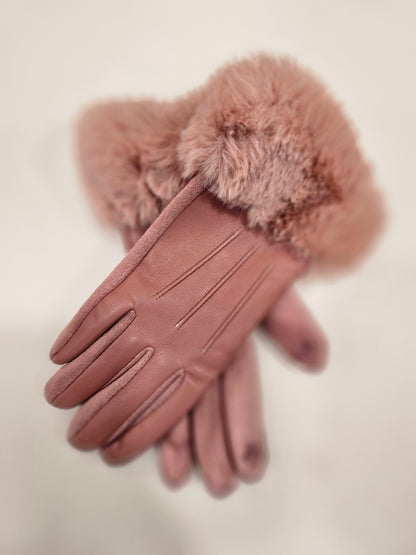 Faux Leather and Suede Velvet lined gloves with Fur Cuffs. All Colours