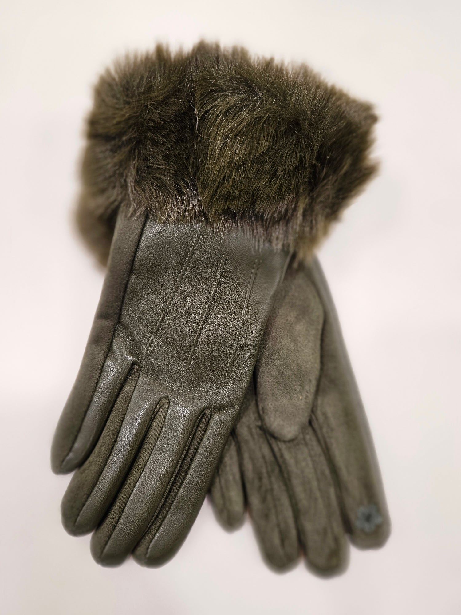 Faux Leather and Suede Velvet lined gloves with Fur Cuffs. All Colours