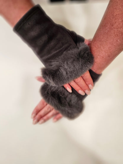 Faux suede velvet lined fingerless gloves with fur trim