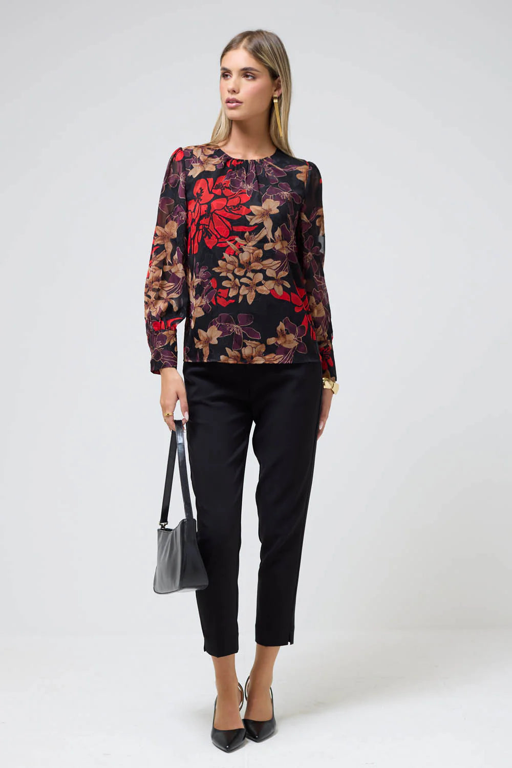 Monique Devore Floral Long Sleeve Blouse in Red