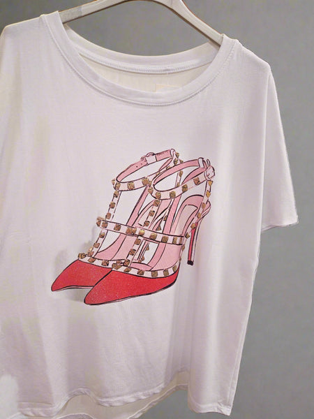 Cotton T Shirt with Shoes and sparkle detail. 3 colours