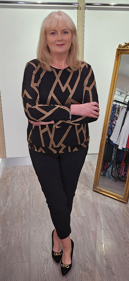 Libra Black and Gold Geo print round neck top with long sleeve and zip detail