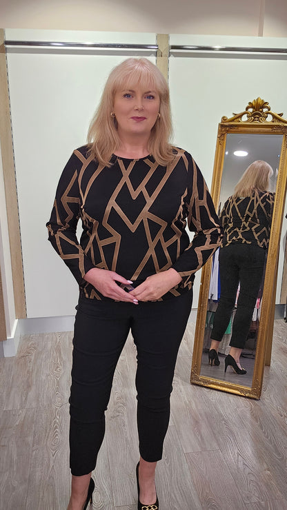 Libra Black and Gold Geo print round neck top with long sleeve and zip detail