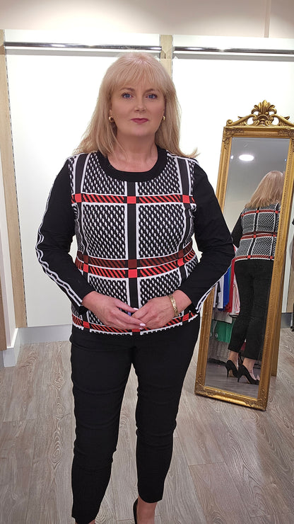 Libra Cotton Round neck Long sleeve top with arm detail Black red and White print