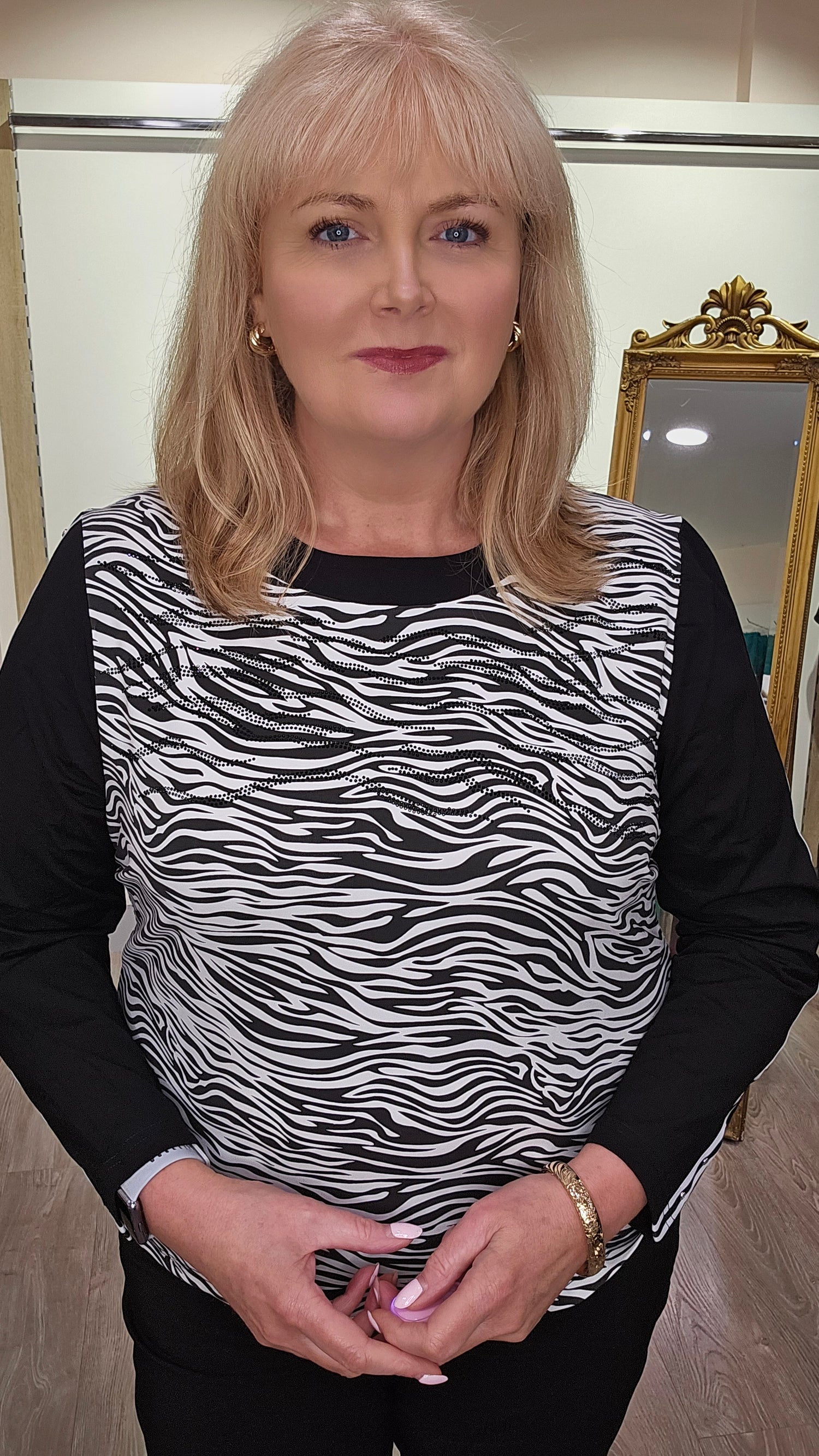 Libra Black and White animal print round neck top with heat stone detail