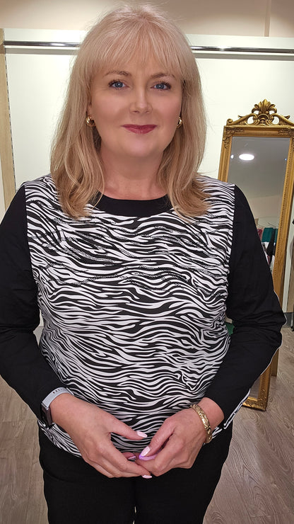 Libra Black and White animal print round neck top with heat stone detail