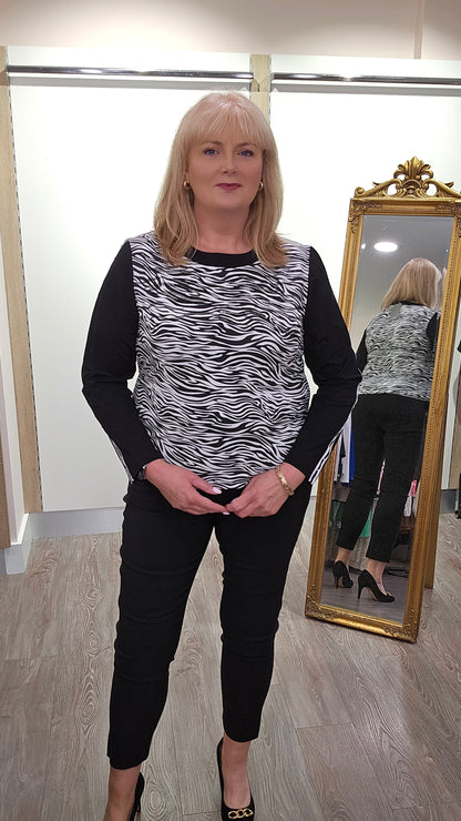 Libra Black and White animal print round neck top with heat stone detail