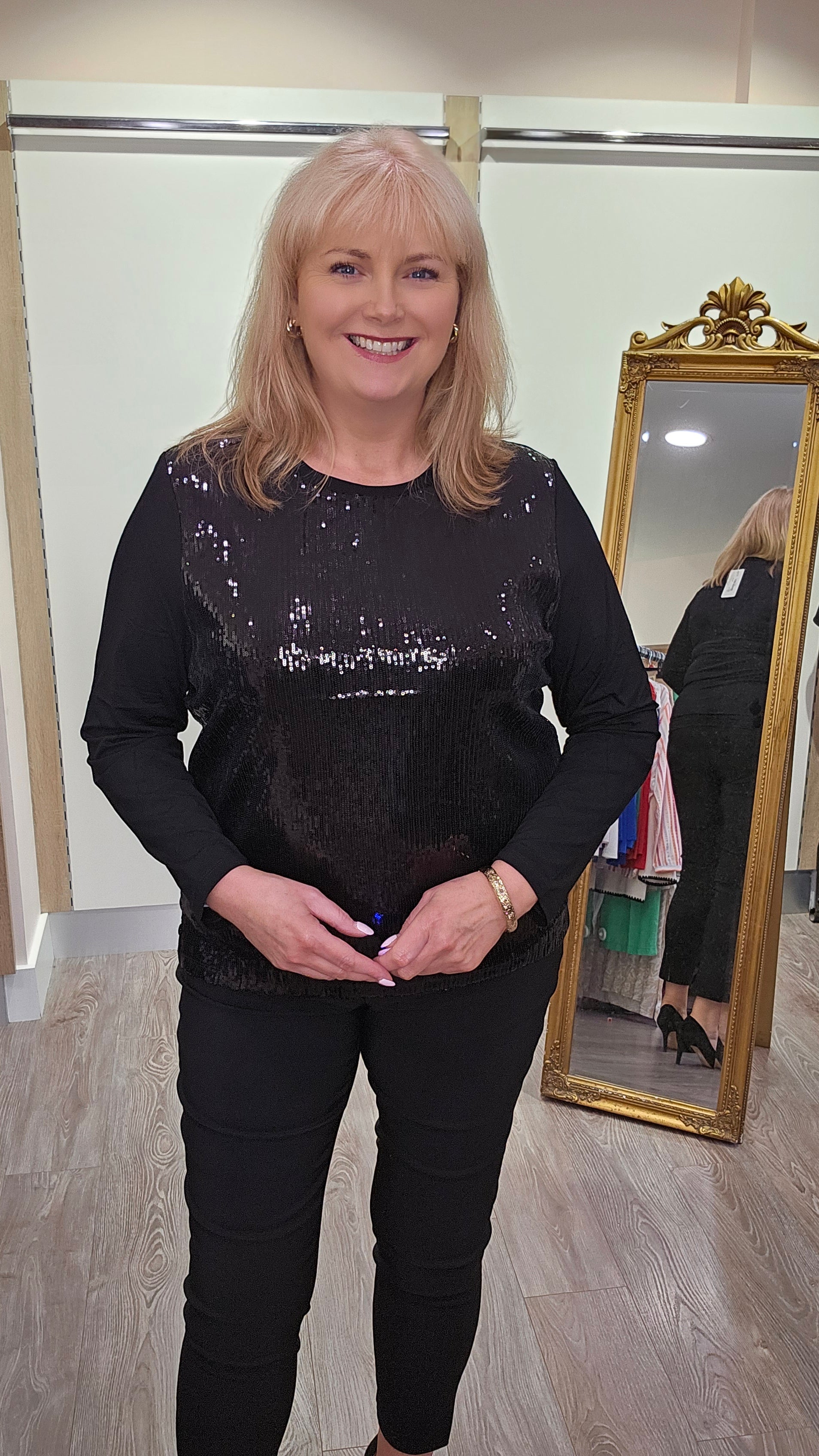 Libra Black Round neck Sequin top with long sleeve