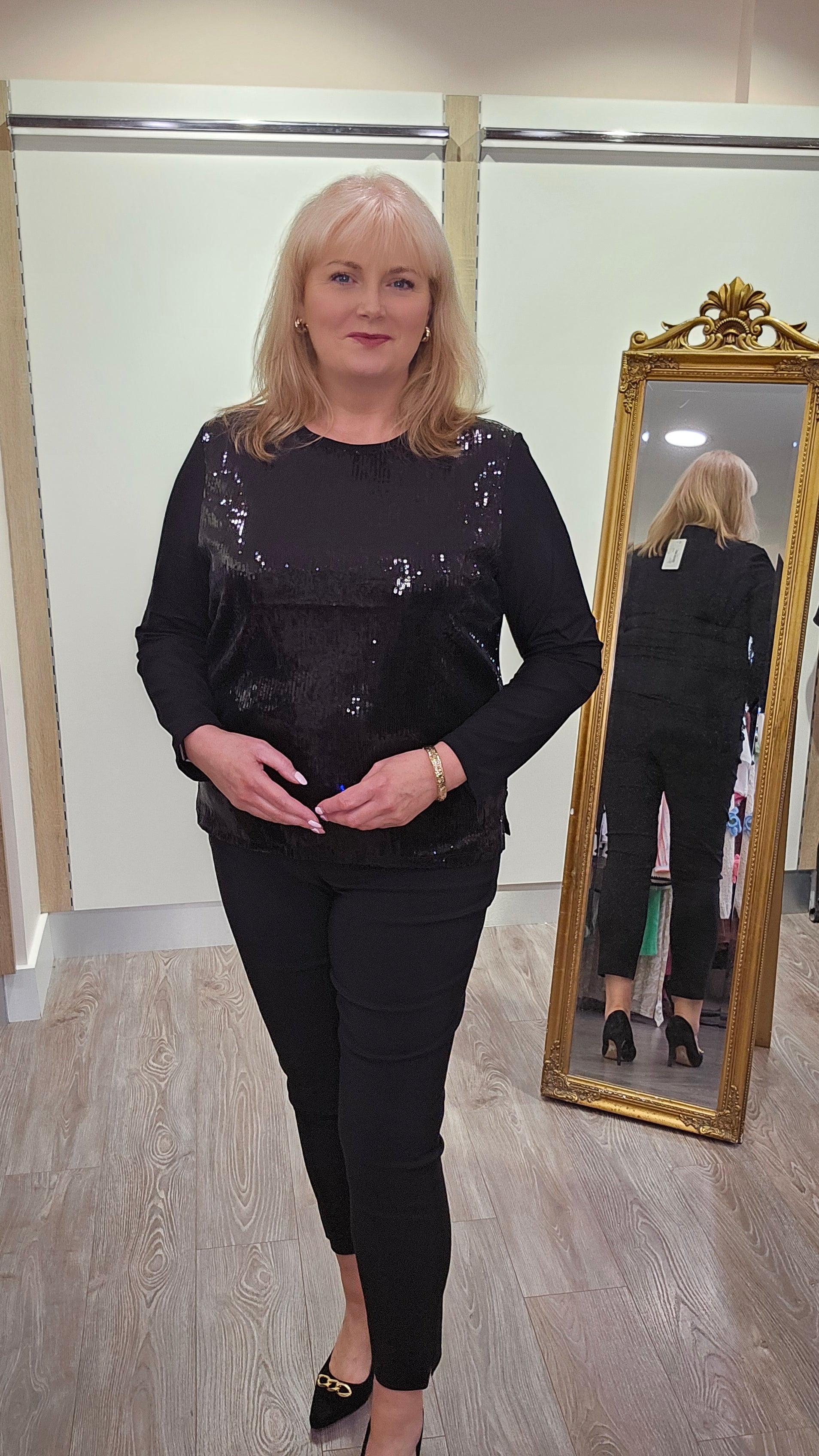 Libra Black Round neck Sequin top with long sleeve