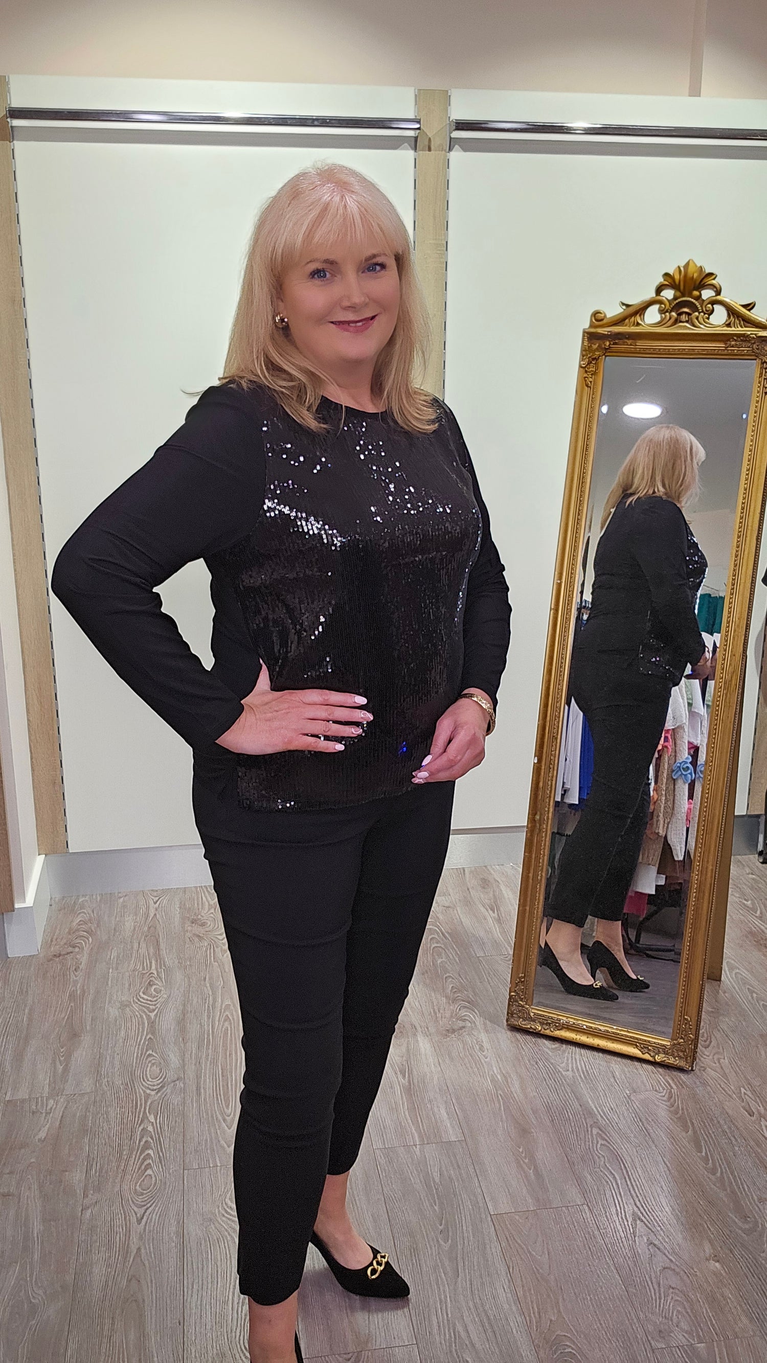 Libra Black Round neck Sequin top with long sleeve