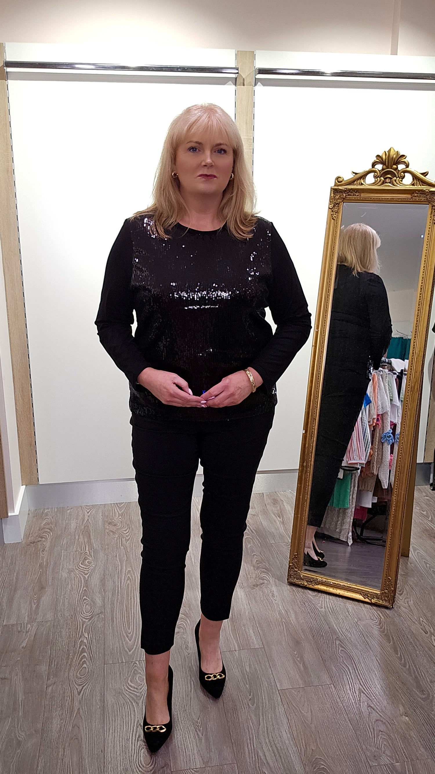 Libra Black Round neck Sequin top with long sleeve