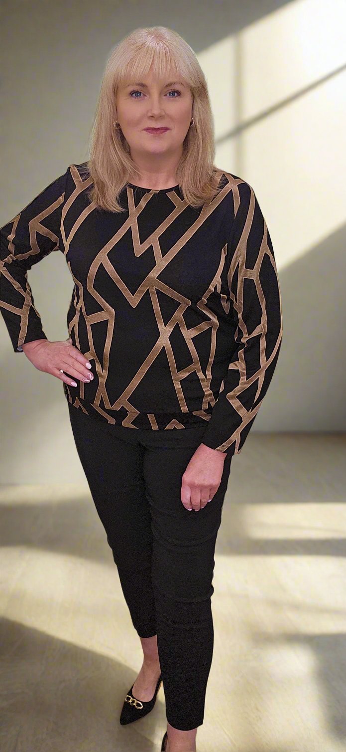 Libra Black and Gold Geo print round neck top with long sleeve and zip detail