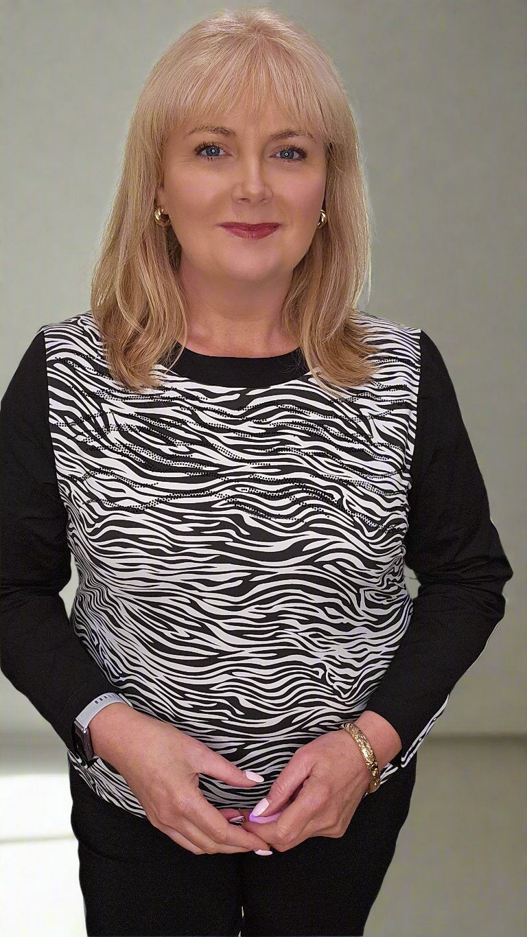 Libra Black and White animal print round neck top with heat stone detail