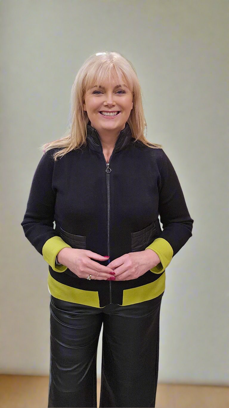 Black knit jacket with lime trim, padded back and collar