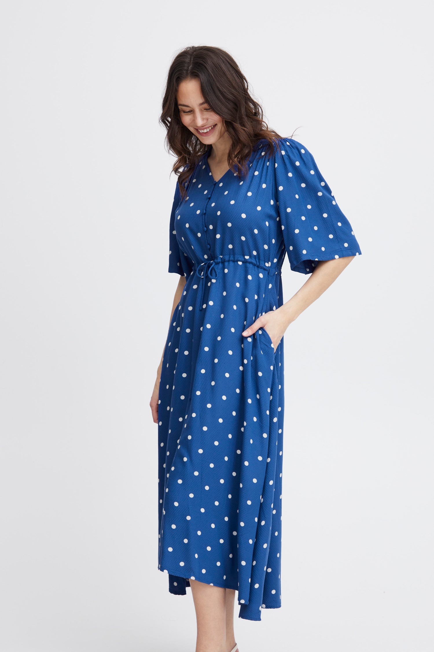 Fransa Polka dot Midi Dress with drawstring waist and pockets20613496 1