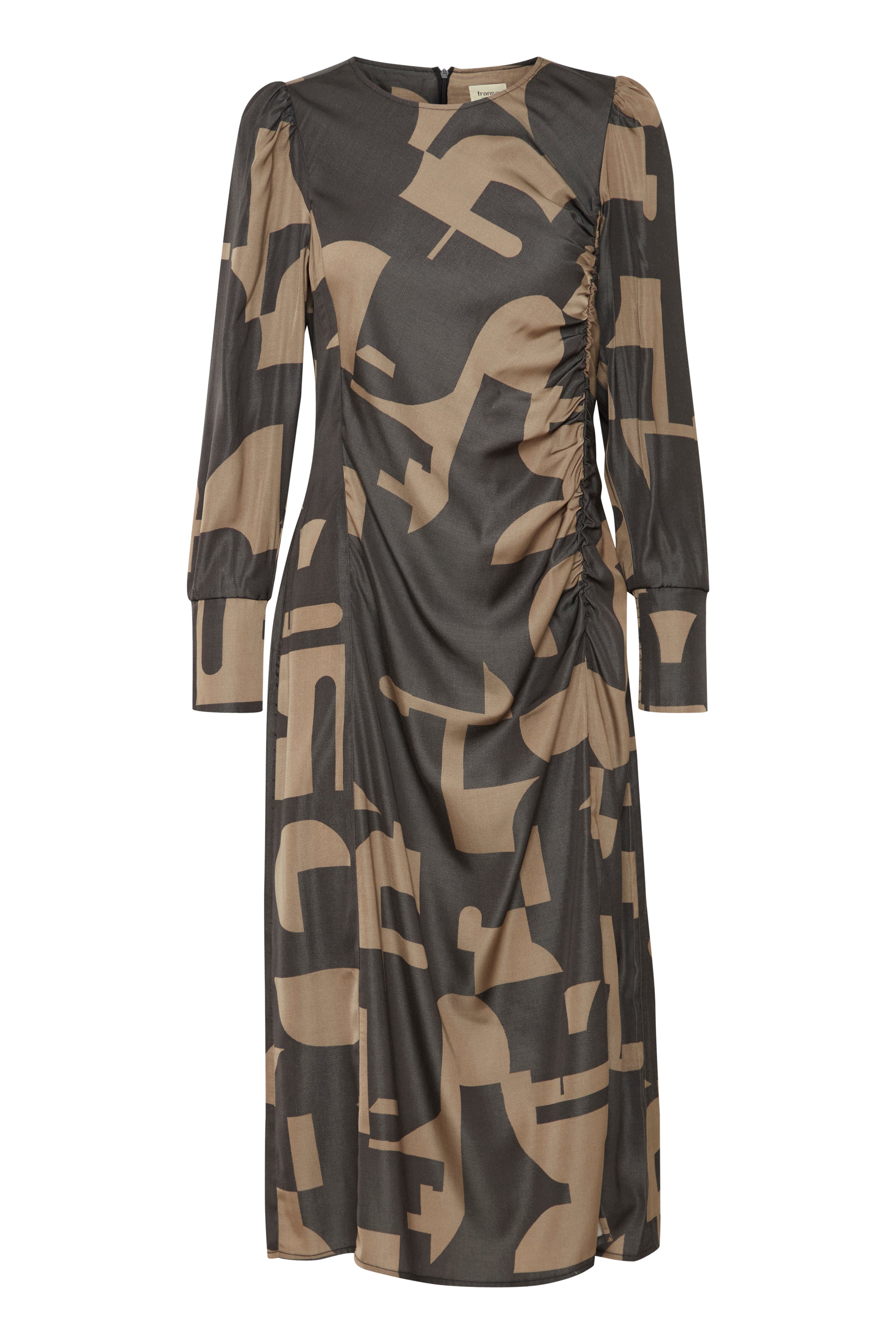 Fransa Midi Dress with tummy ruching and long sleeve. Walnut and Black print