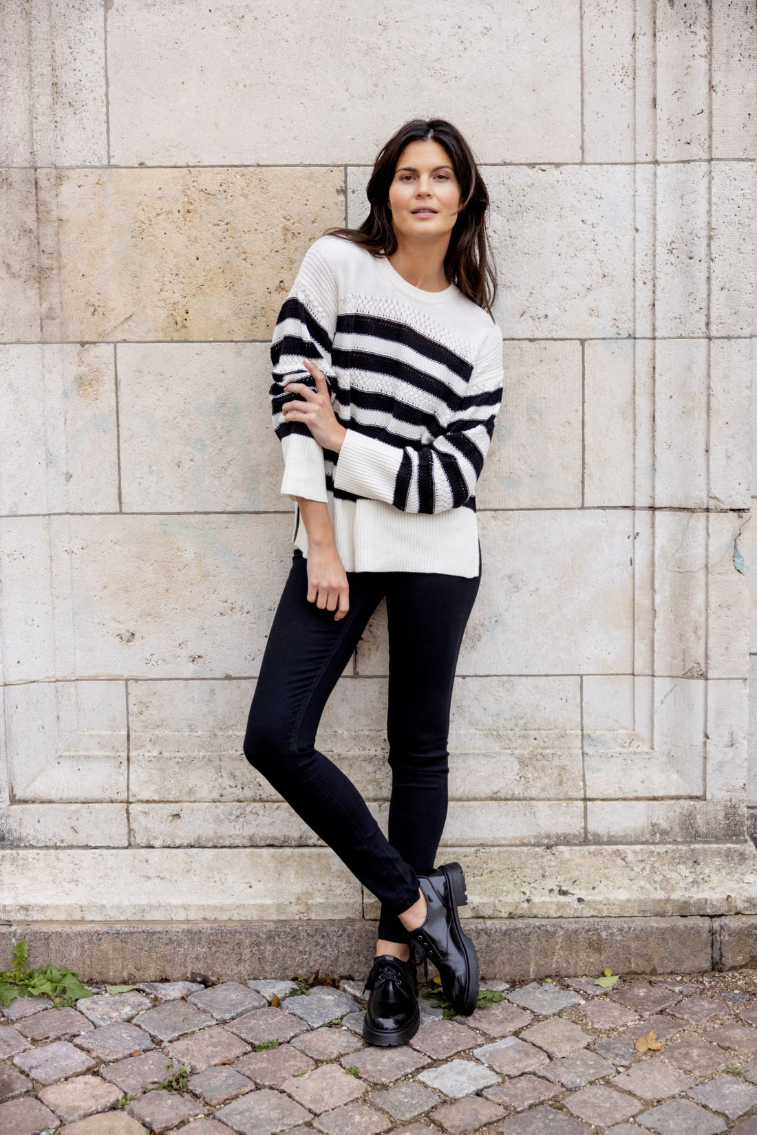 Fransa cotton mix Black and White striped round neck knit  20614173