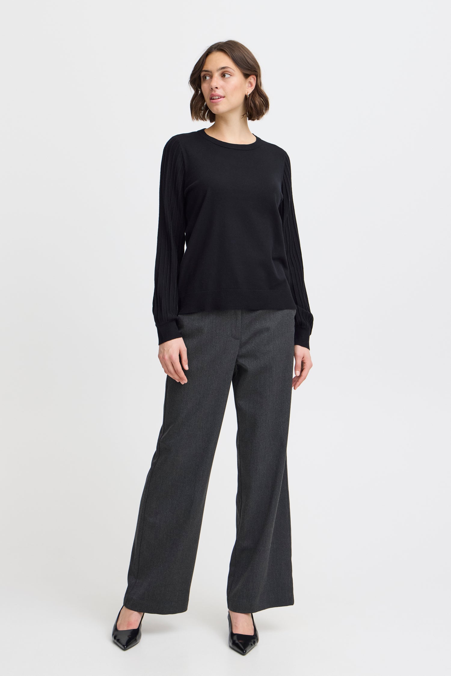 Fransa Fine Round neck Knit with ribbed sleeve Black Or Cream