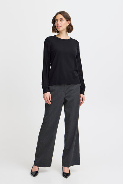 Fransa Fine Round neck Knit with ribbed sleeve Black Or Cream