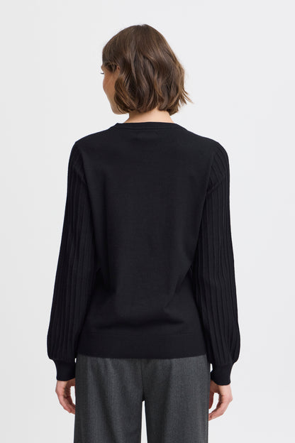 Fransa Fine Round neck Knit with ribbed sleeve Black Or Cream