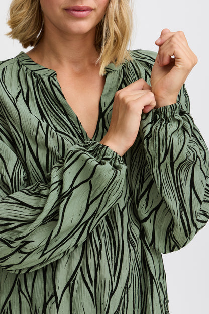 Fransa Green and Black flocked blouse with V Neck and long sleeve 20614545