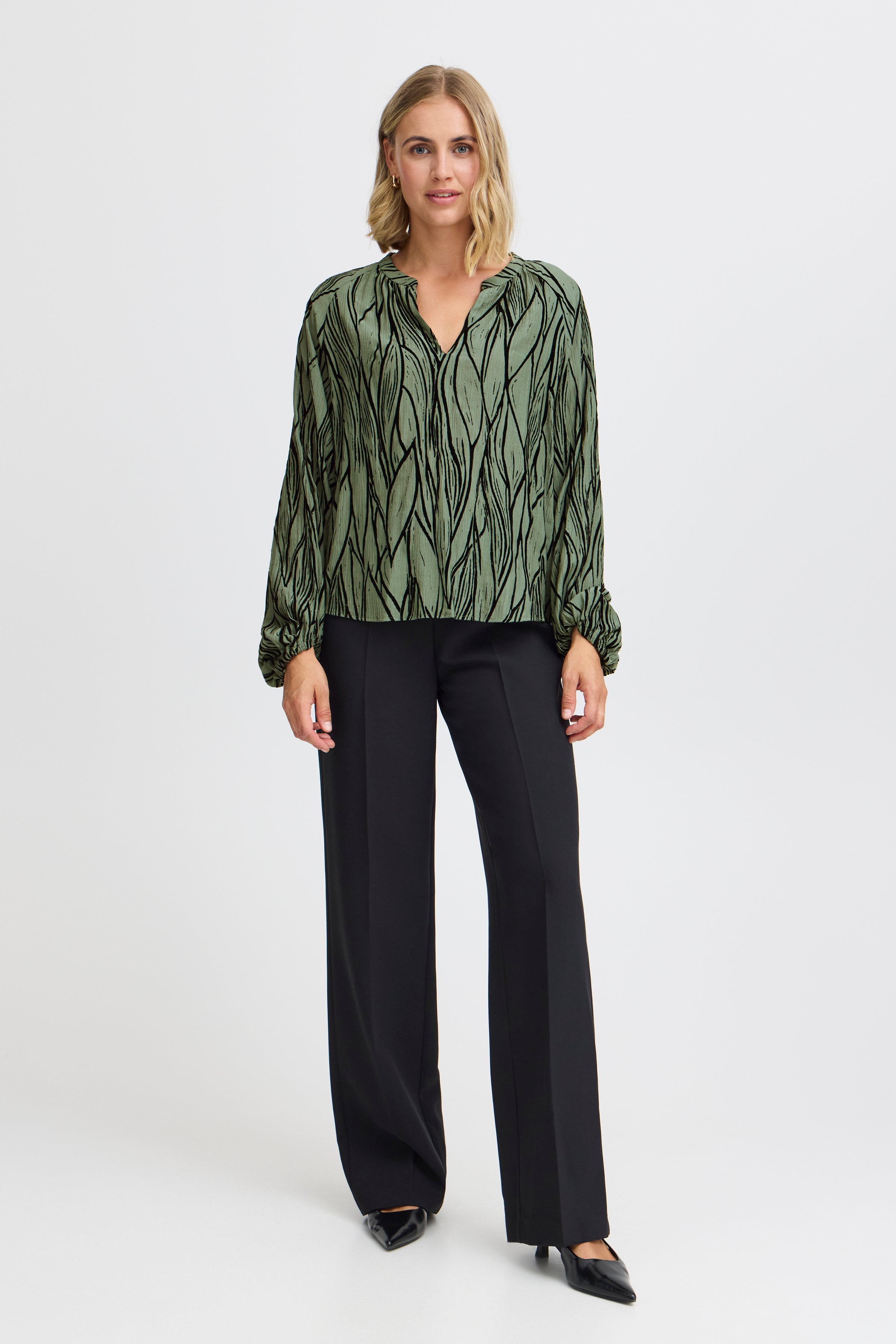 Fransa Green and Black flocked blouse with V Neck and long sleeve 20614545