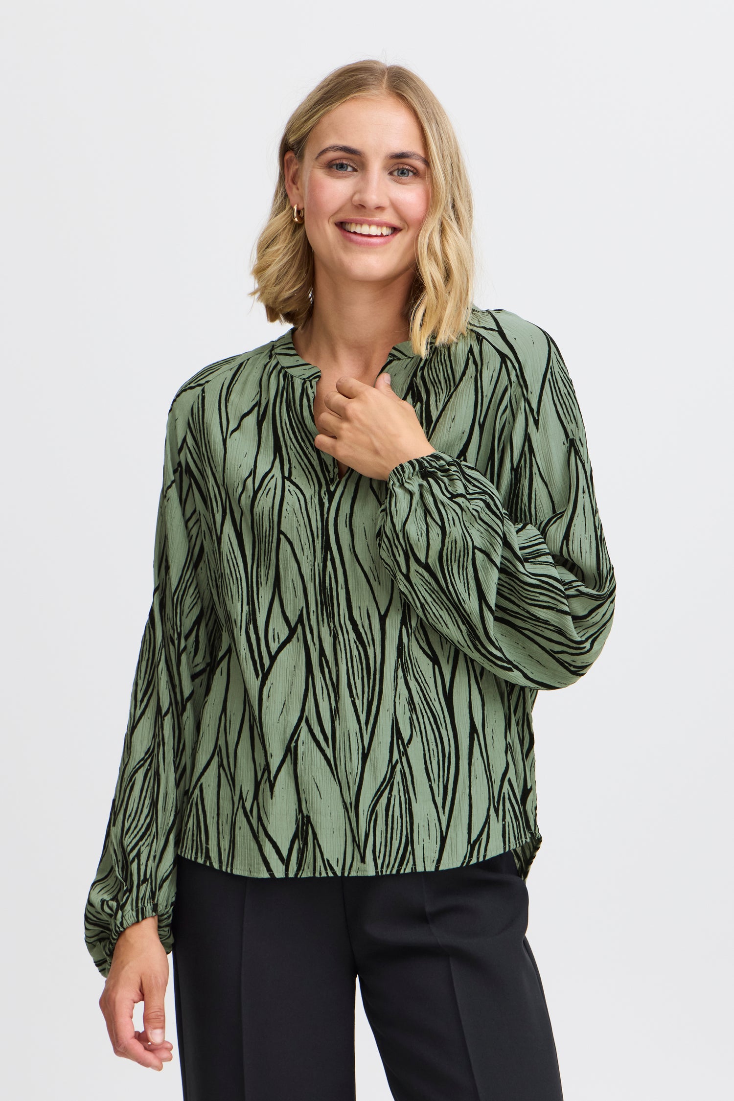 Fransa Green and Black flocked blouse with V Neck and long sleeve 20614545