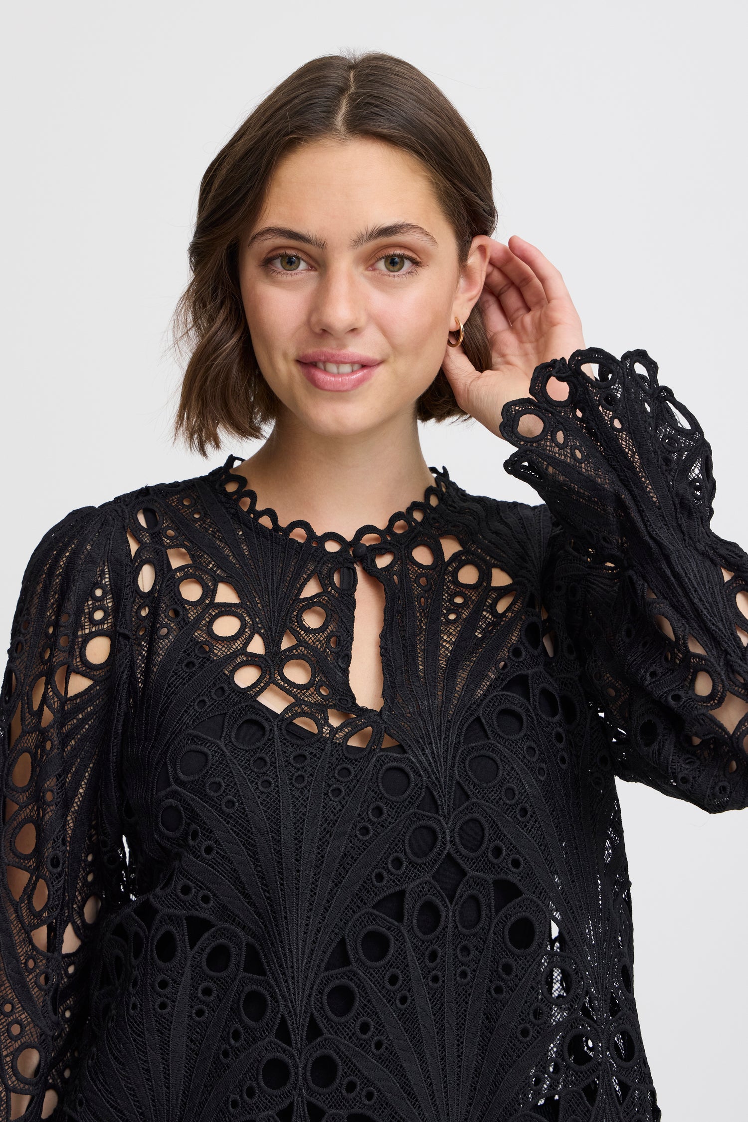 Fransa Black lace long sleeve blouse