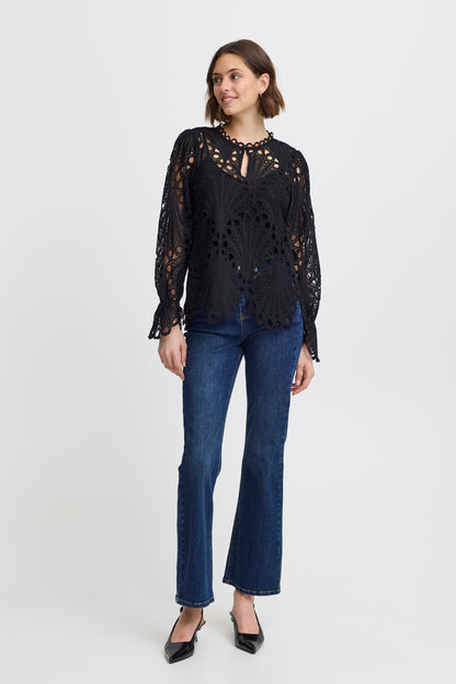 Fransa Black lace long sleeve blouse