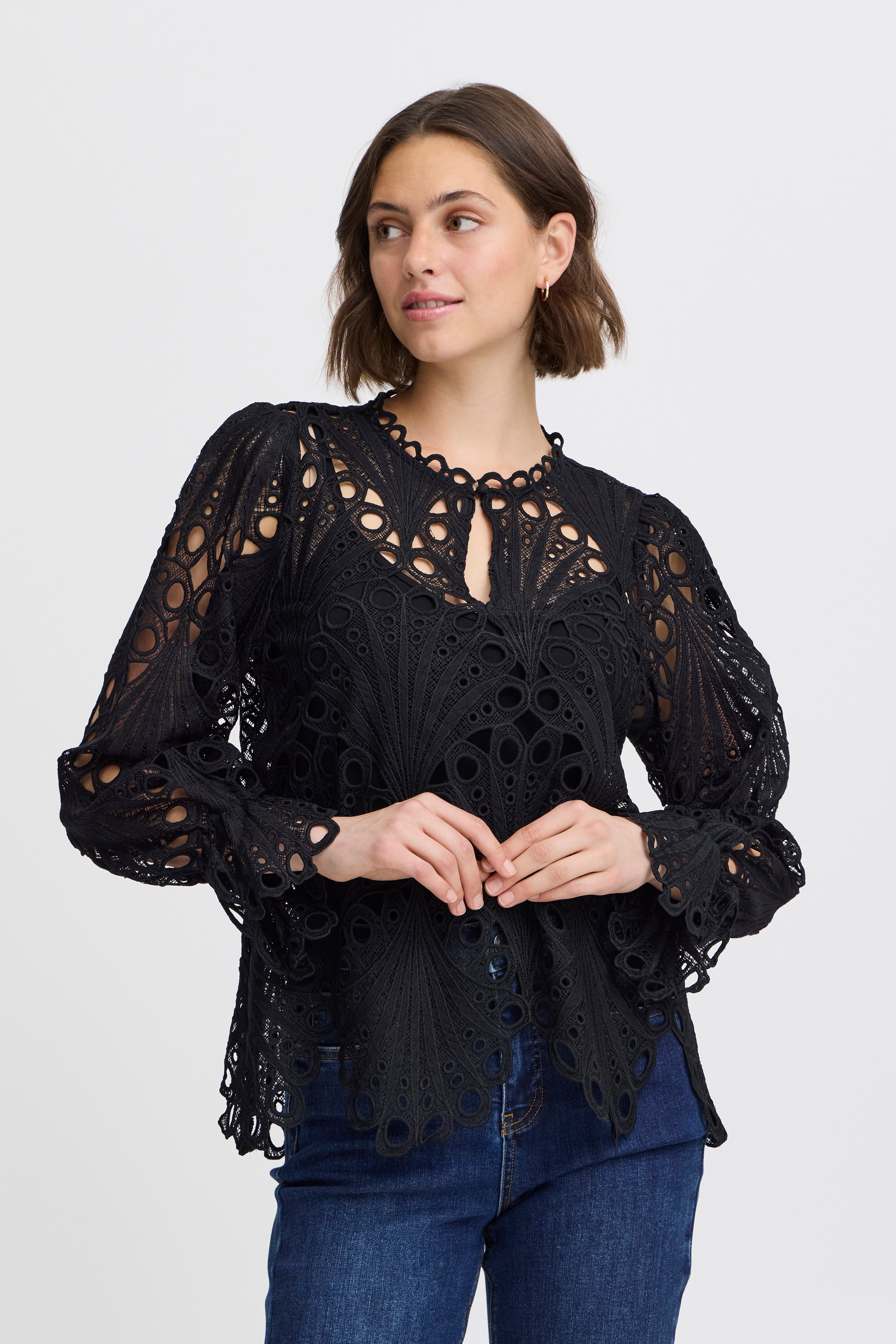 Fransa Black lace long sleeve blouse