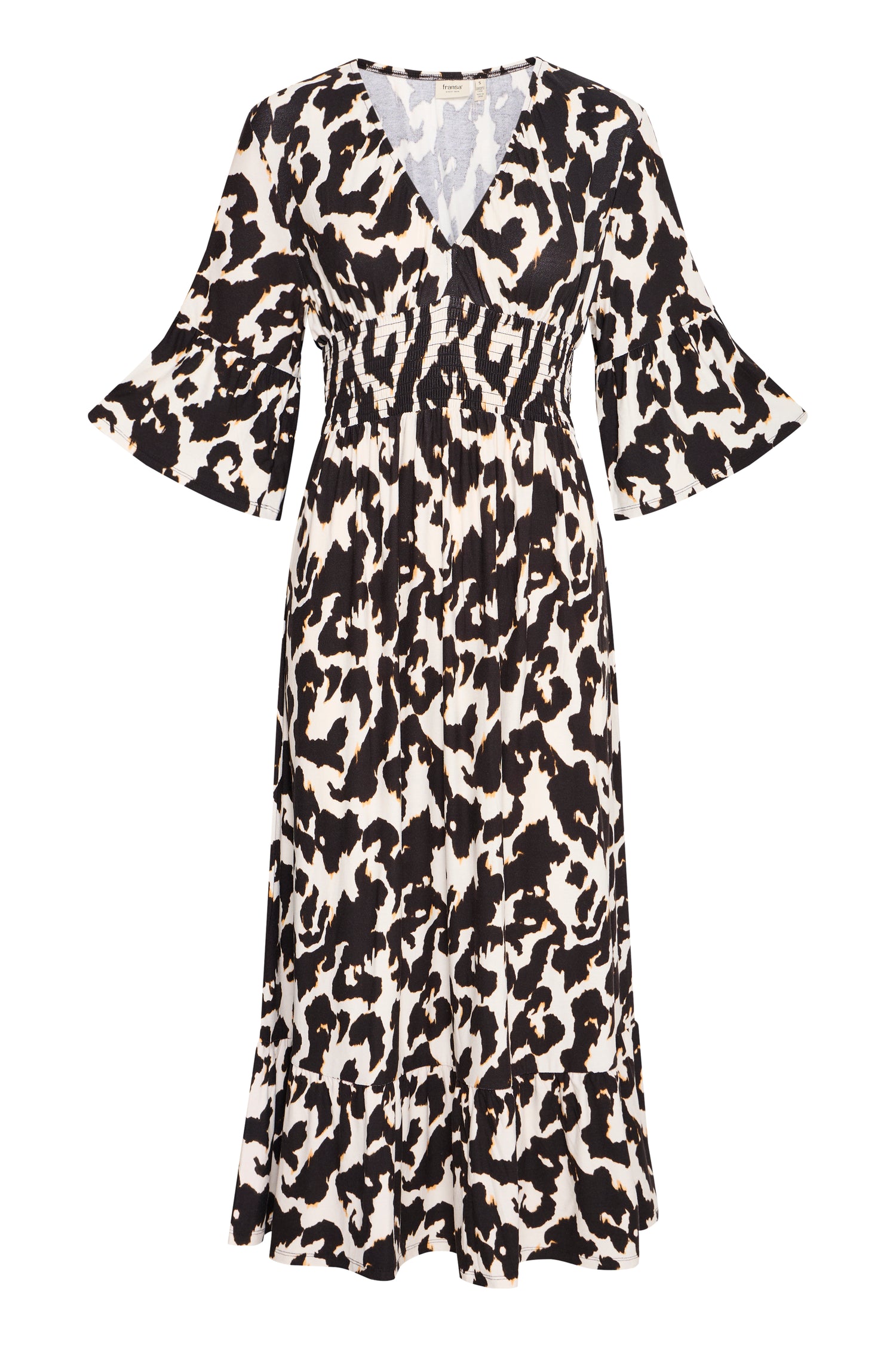 Fransa V Neck Shirred waist Jersey midi dress 20614652 Animal Print