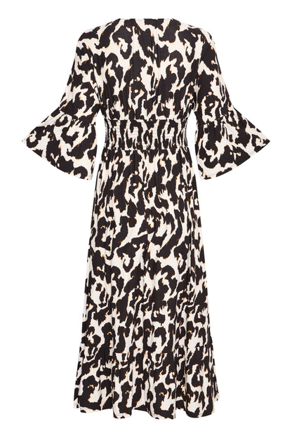 Fransa V Neck Shirred waist Jersey midi dress 20614652 Animal Print