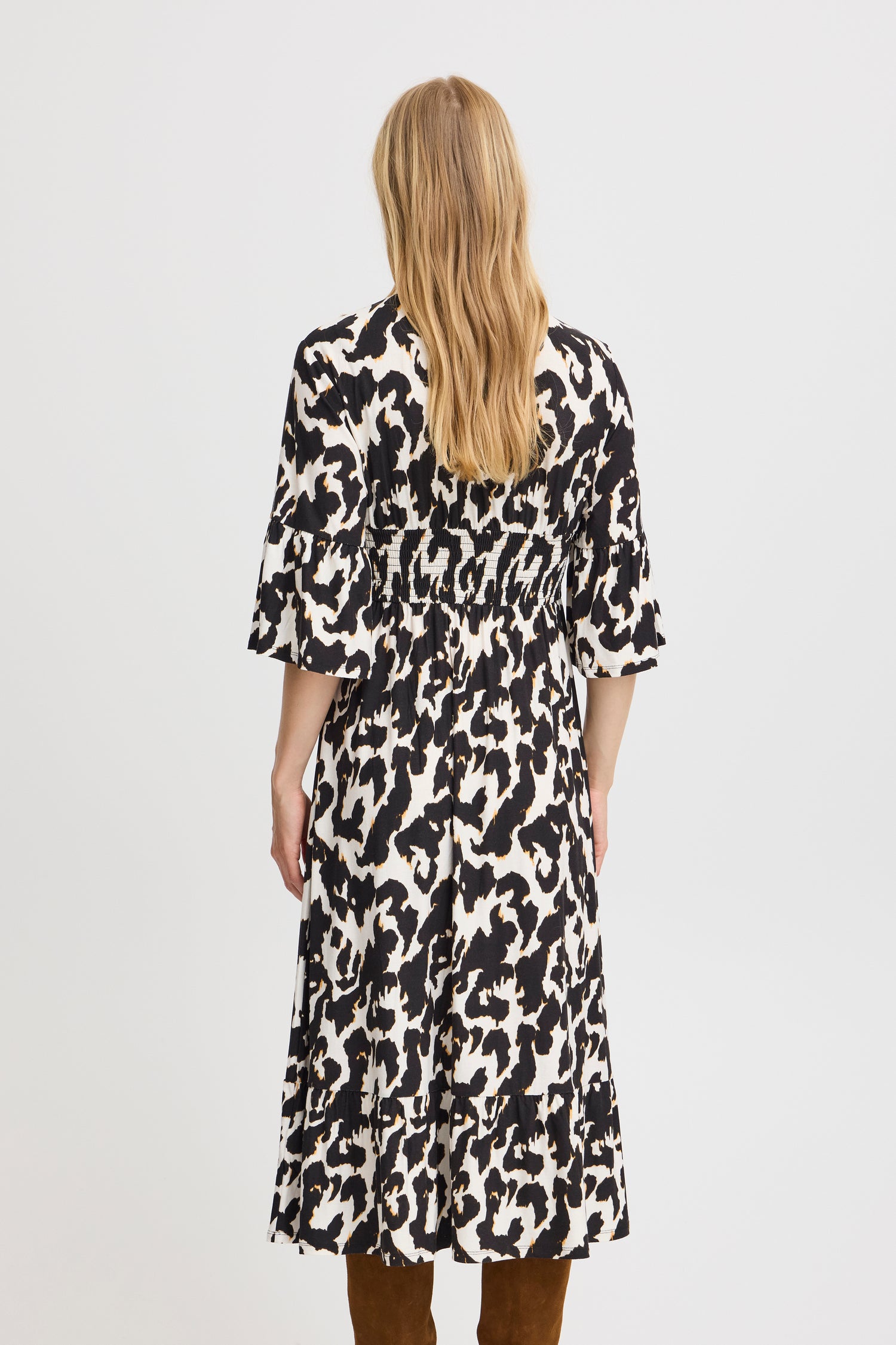 Fransa V Neck Shirred waist Jersey midi dress 20614652 Animal Print