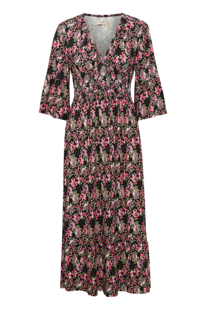 Fransa V Neck Shirred waist jersey dress in Vintage Floral print