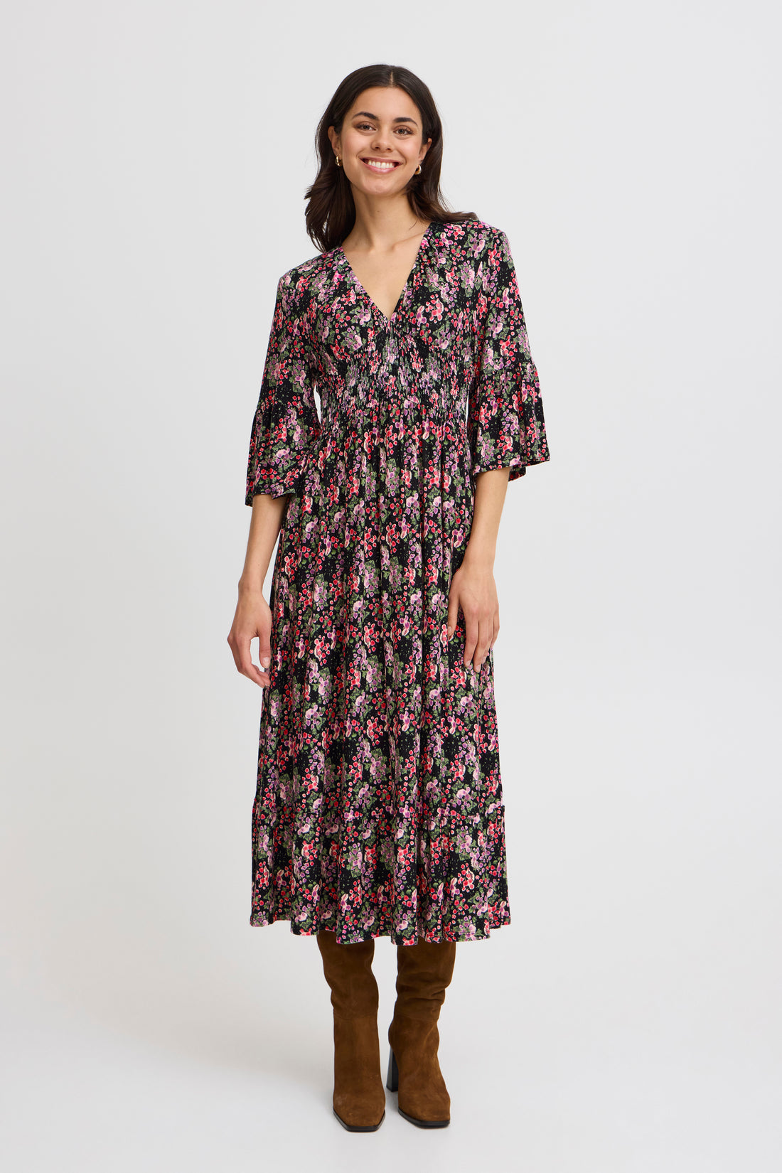 Fransa V Neck Shirred waist jersey dress in Vintage Floral print