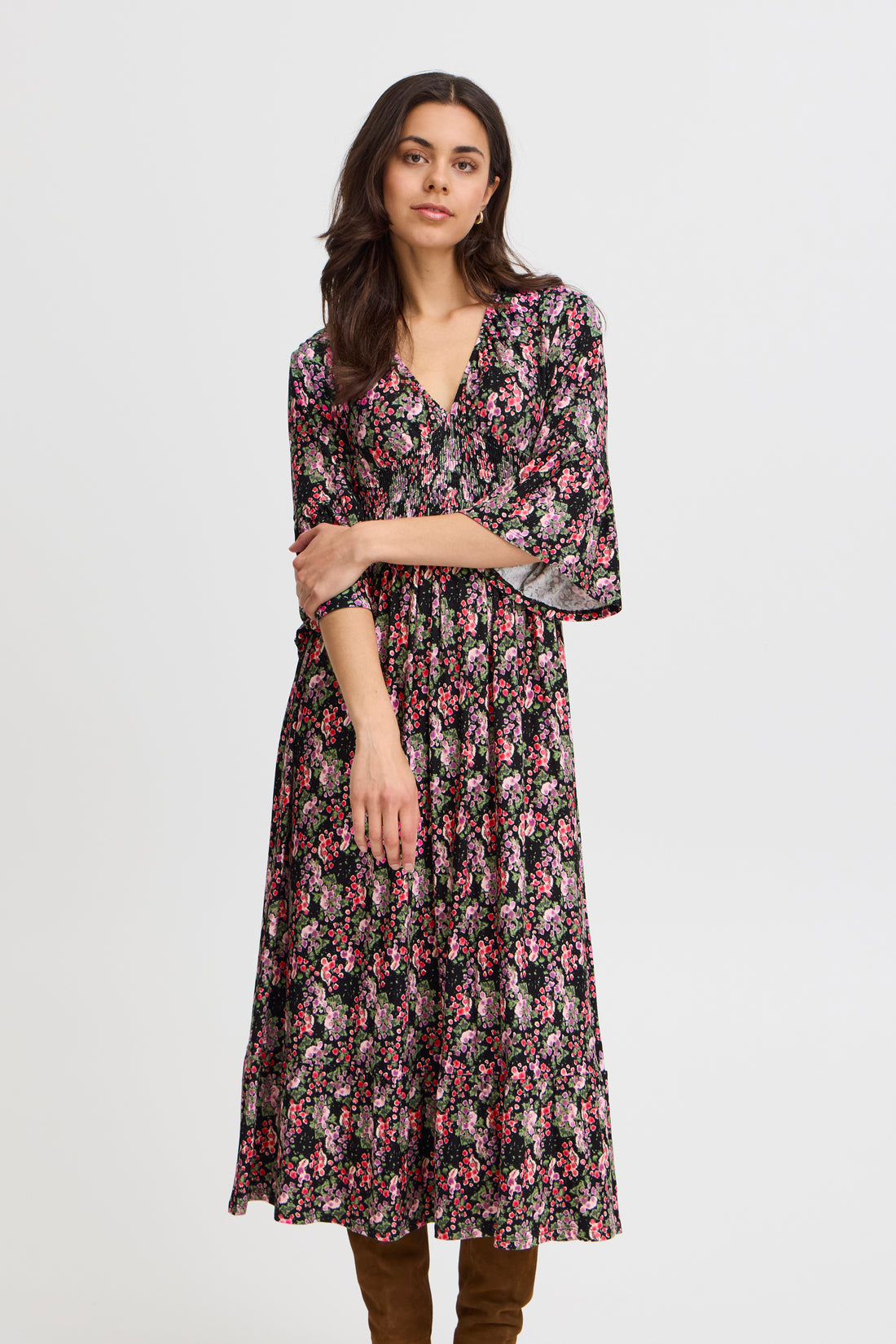 Fransa V Neck Shirred waist jersey dress in Vintage Floral print