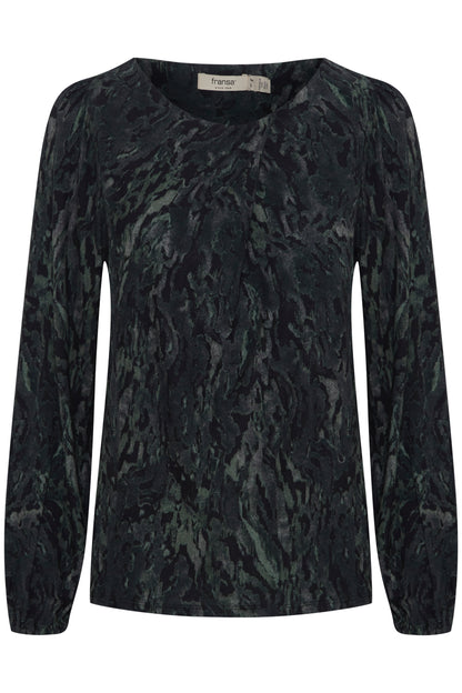 Fransa Scoop neck long sleeve top in green and black print20614686