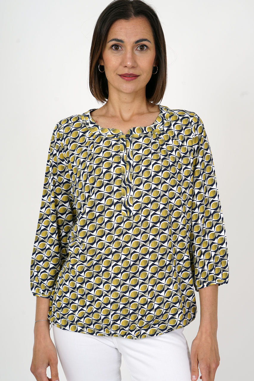 Round Neck Bubble hem top in green and navy print 1139