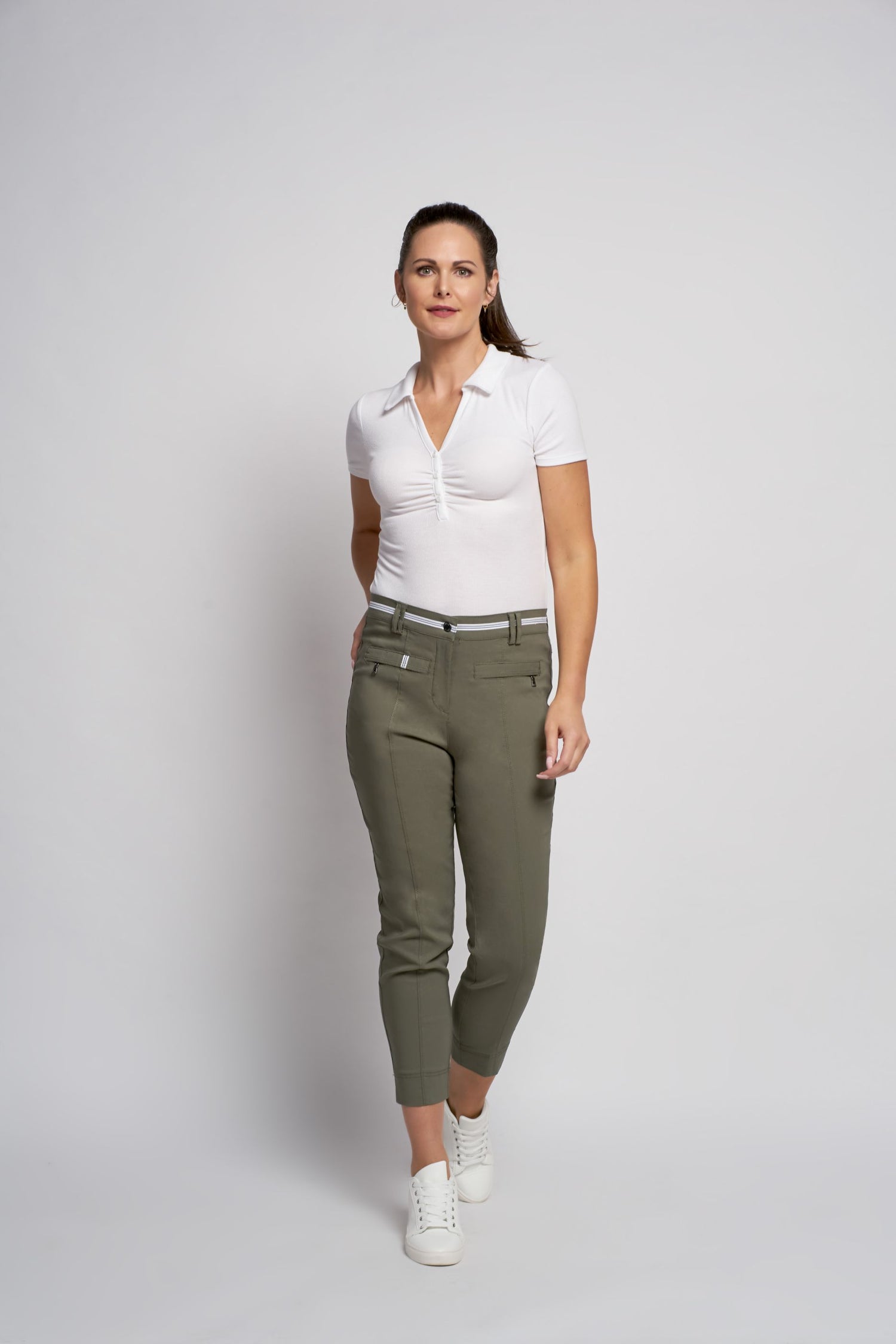 Pinns Audrey Ankle Grazer Trousers with sporty waistband 27&quot; leg 78Ct Khaki