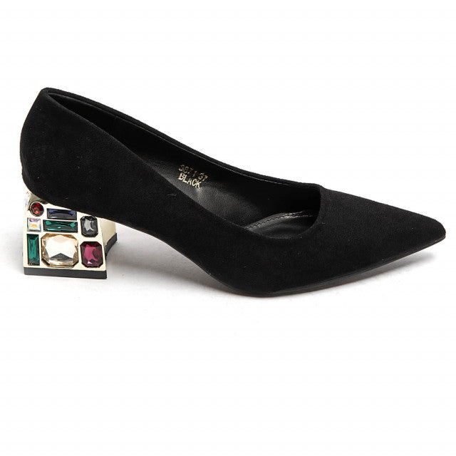 Jewel Heel court shoe Black faux suede